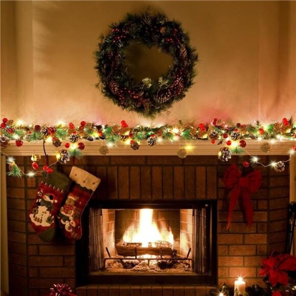 10ft Christmas Garland - LED Lights, Pine Cones, Berries & Bells - Picture 6 of 7